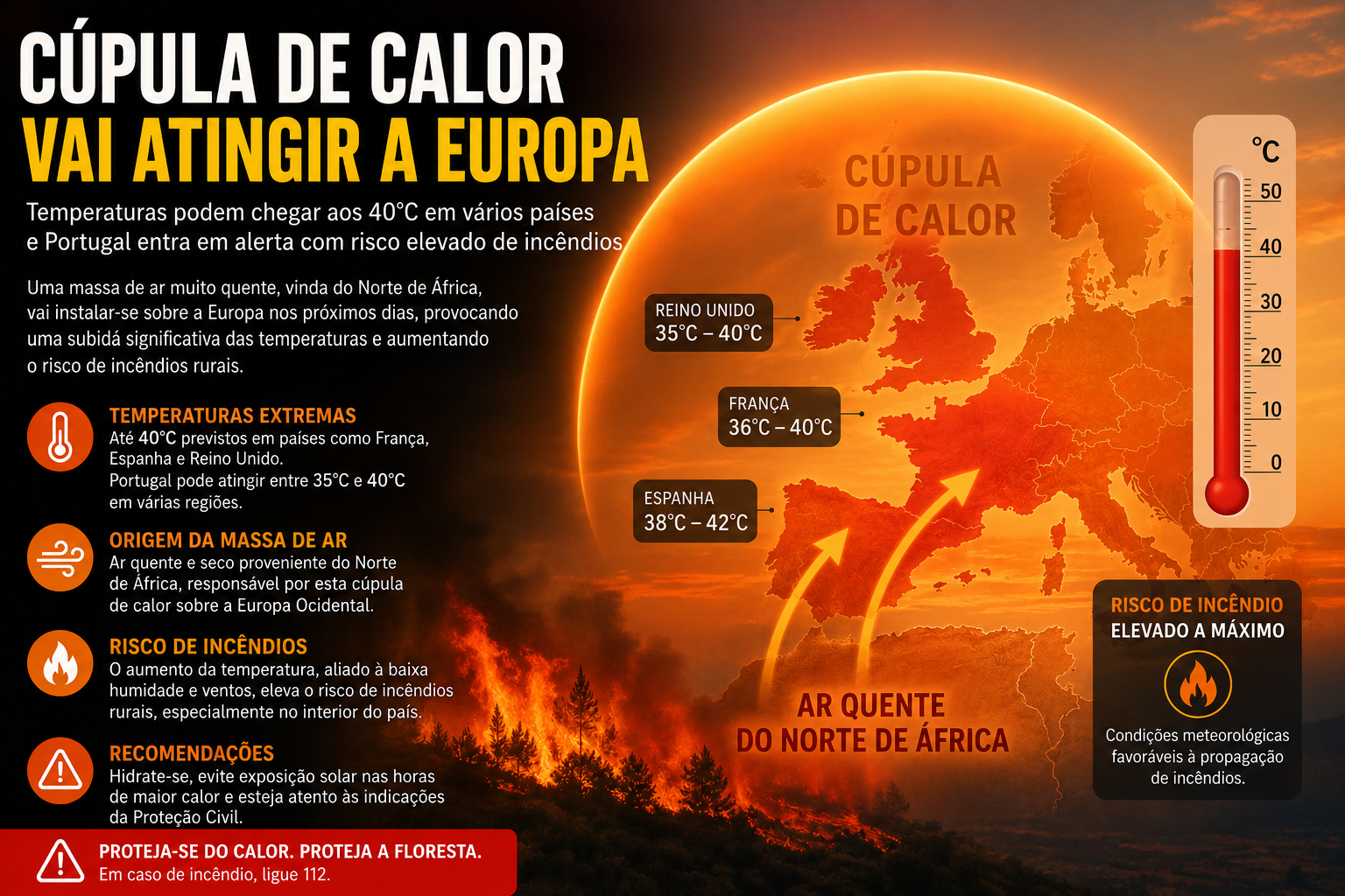 Cúpula de calor vai atingir a Europa e coloca Portugal em alerta para temperaturas extremas e risco de incêndios.
