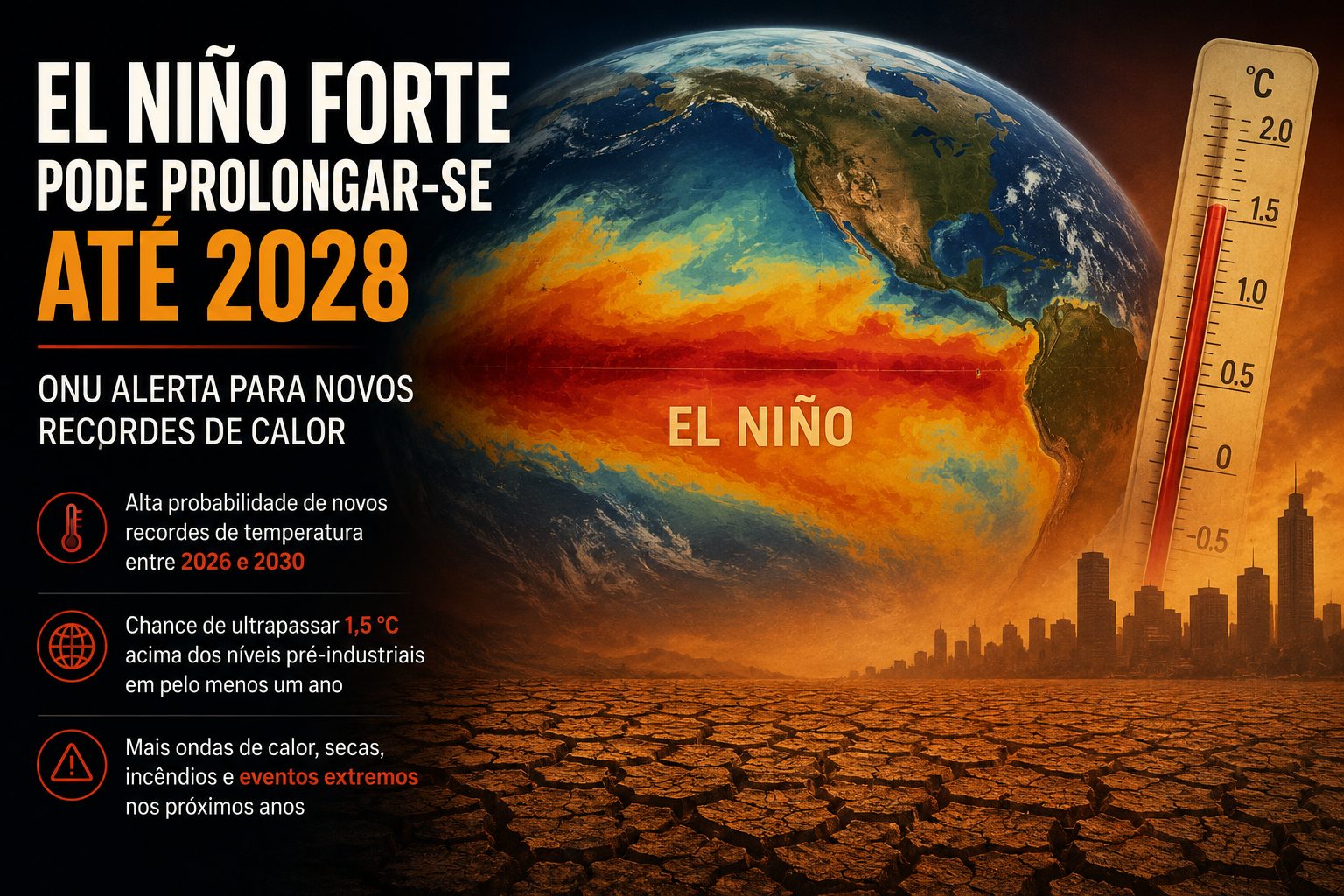 ONU alerta para possível intensificação do El Niño e risco de novos recordes de calor nos próximos anos.