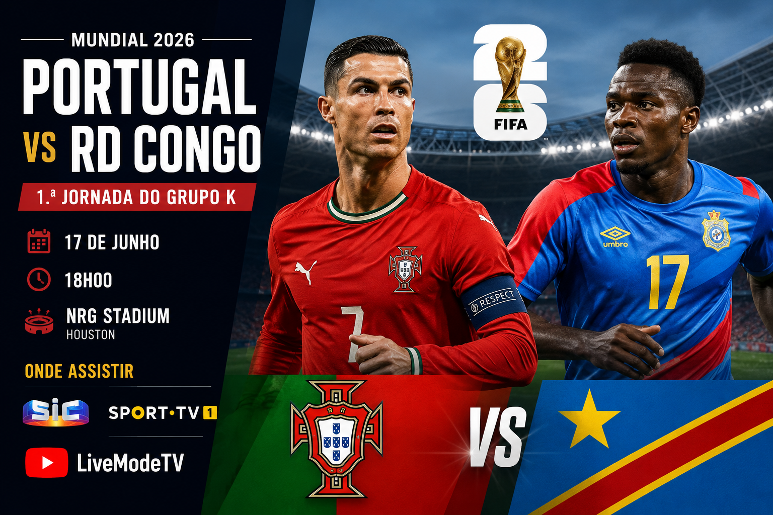 Portugal estreia-se no Mundial 2026 frente à RD Congo em Houston.