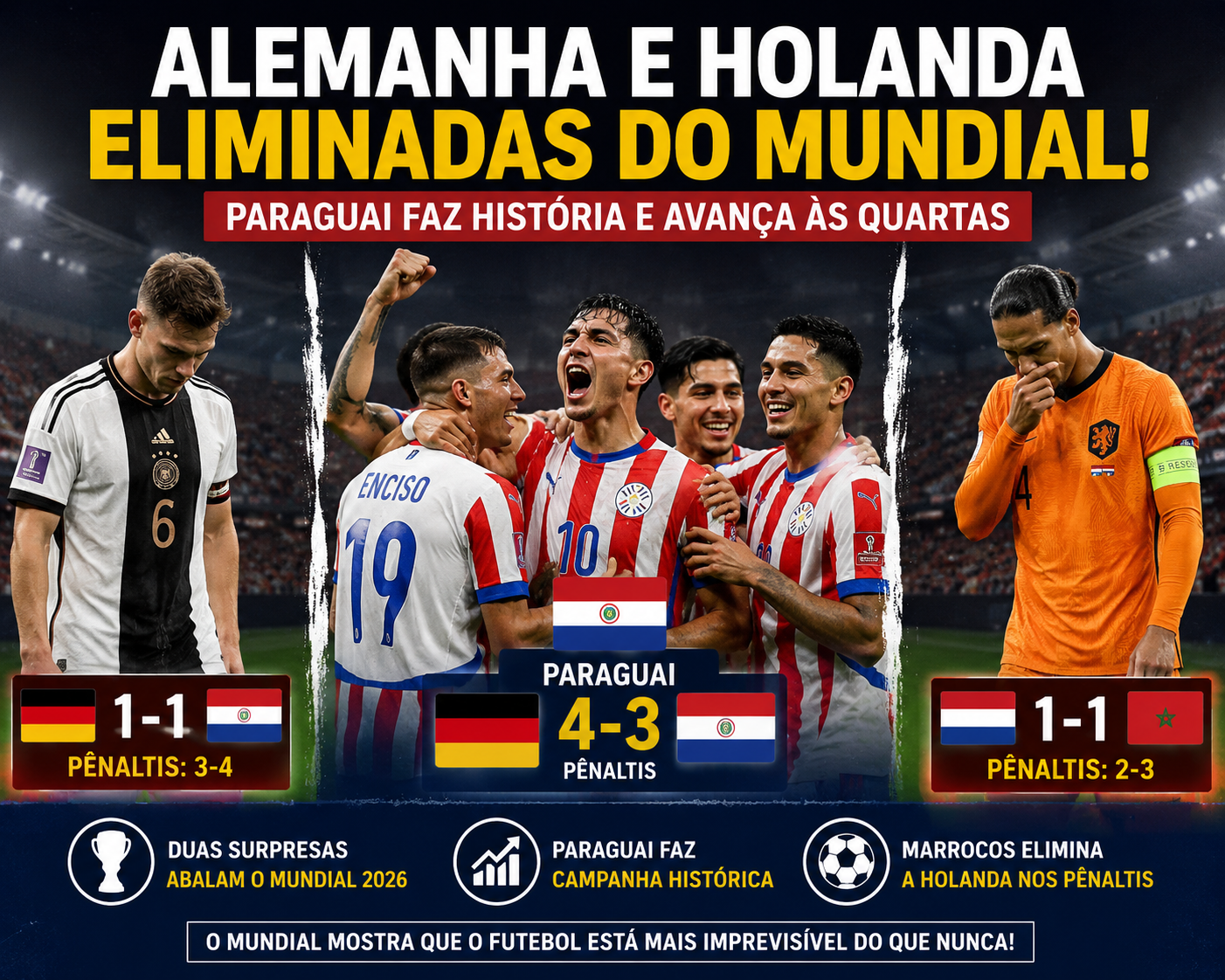 Alemanha e Holanda dão adeus ao Mundial; Paraguai faz história e avança.