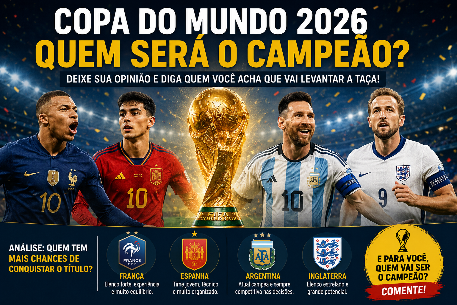 Quem vocês acham que vai ganhar o Mundial de 2026? Deixe sua opinião!