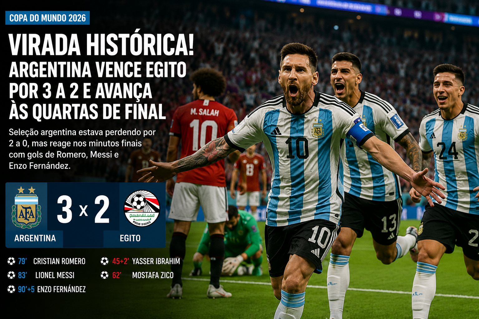 Argentina protagoniza virada épica sobre o Egito e avança às quartas da Copa do Mundo